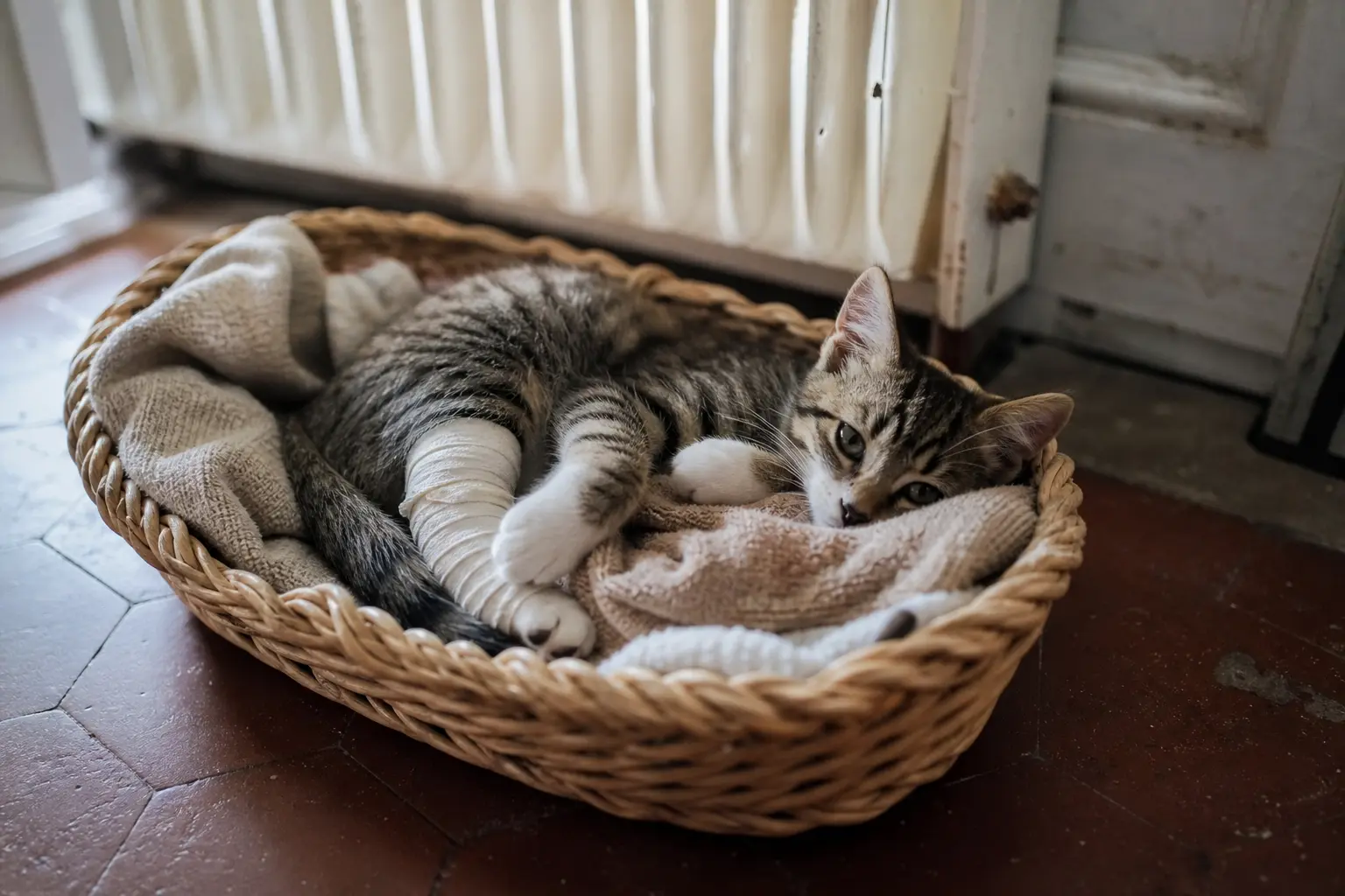 Un chaton avec une patte bandée couché dans un panier près d'un radiateur