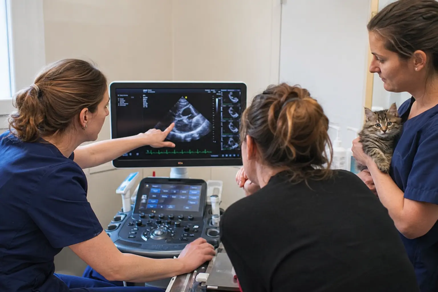 Une vétérinaire montre une échographie cardiaque sur un écran à un propriétaire attentif