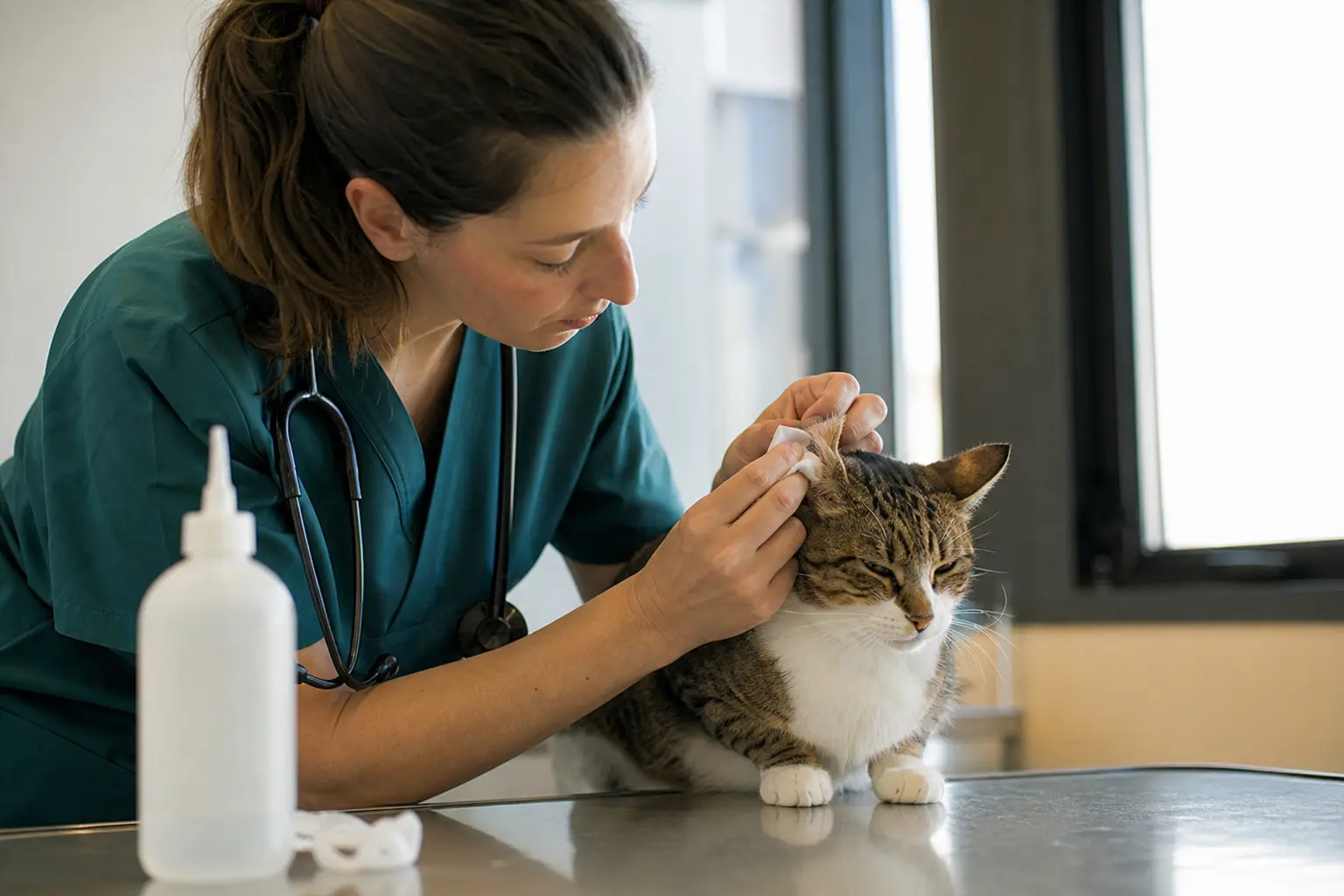 Une vétérinaire nettoie l'oreille d'un chat avec une compresse, flacon de solution auriculaire sur la table