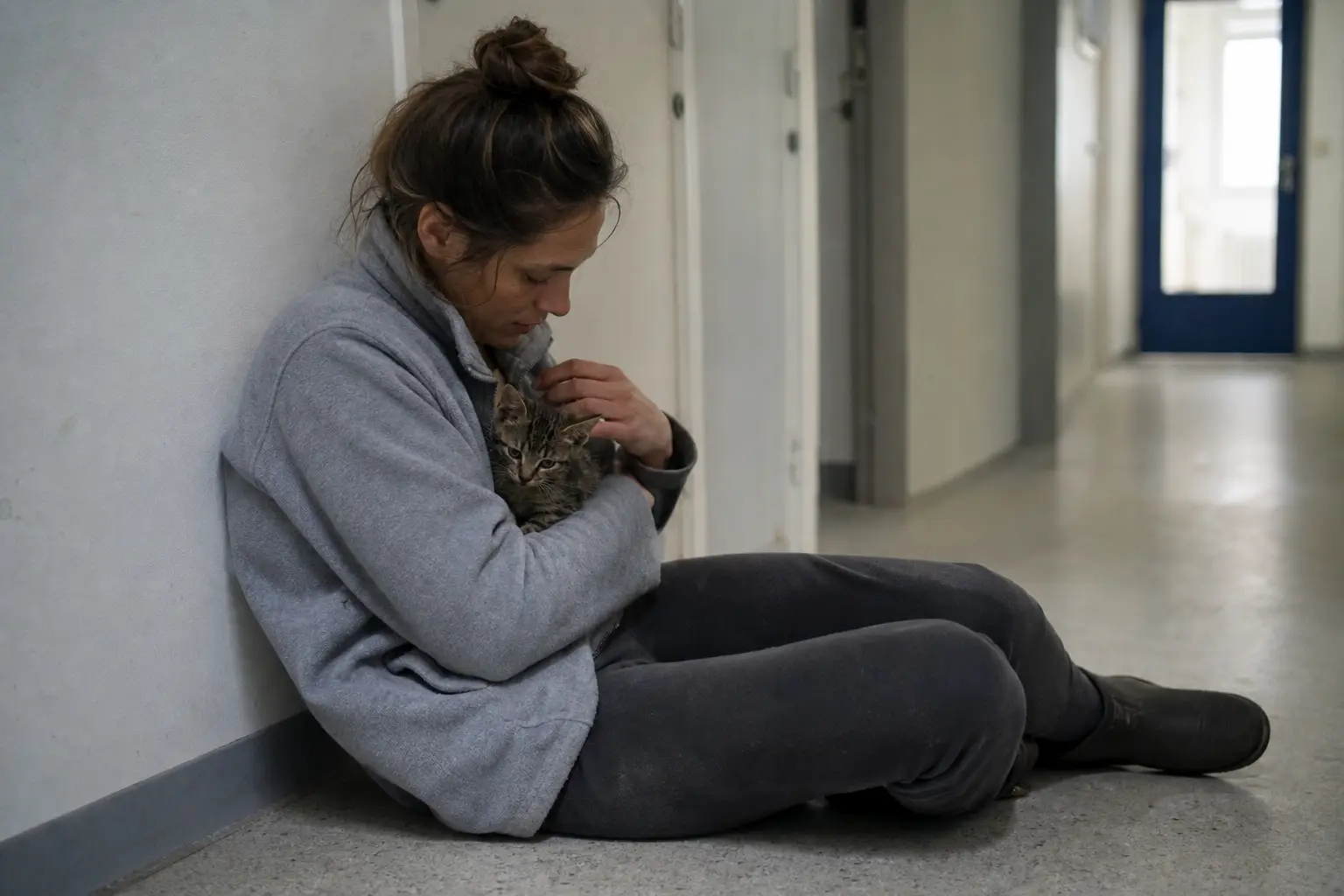 Un chaton maigre au poil terne couché contre sa propriétaire assise dans un couloir de clinique