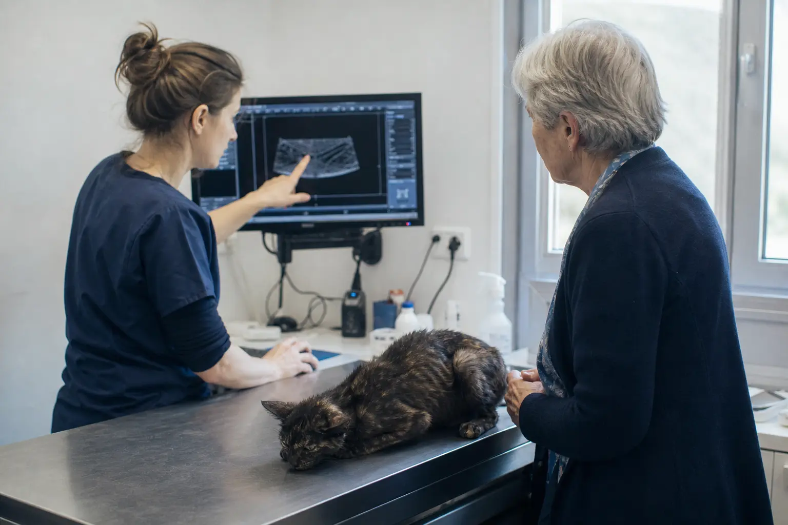 Une vétérinaire réalise une échographie abdominale sur un chat allongé sur le flanc