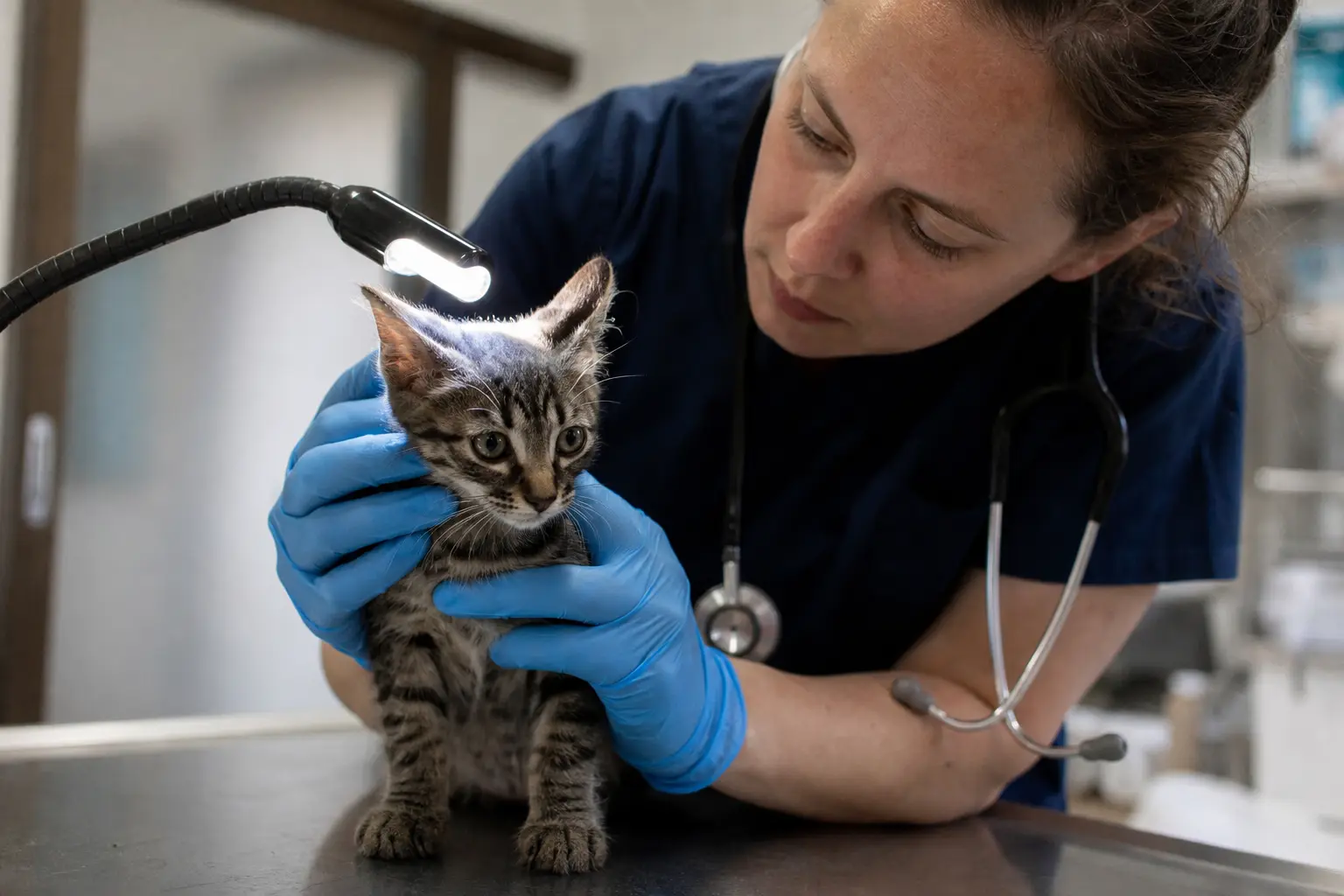 Un chaton examiné par une vétérinaire gantée sous une lampe d'examen